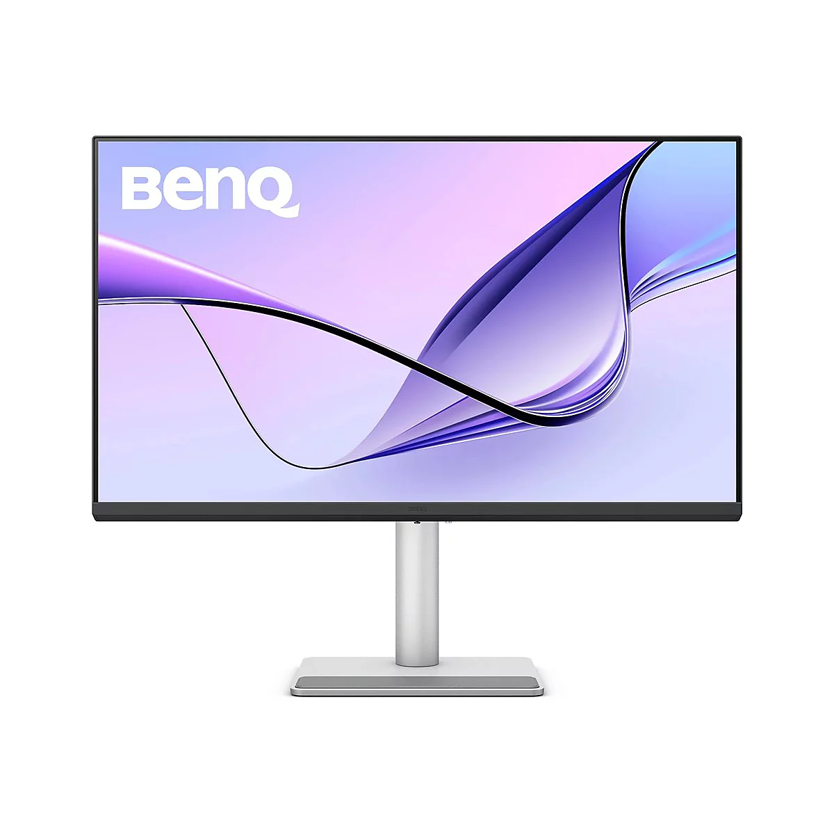 Monitor mit dem BENQ-Logo, Bildschirm mit abstrakter Grafik, silberner Fuß.