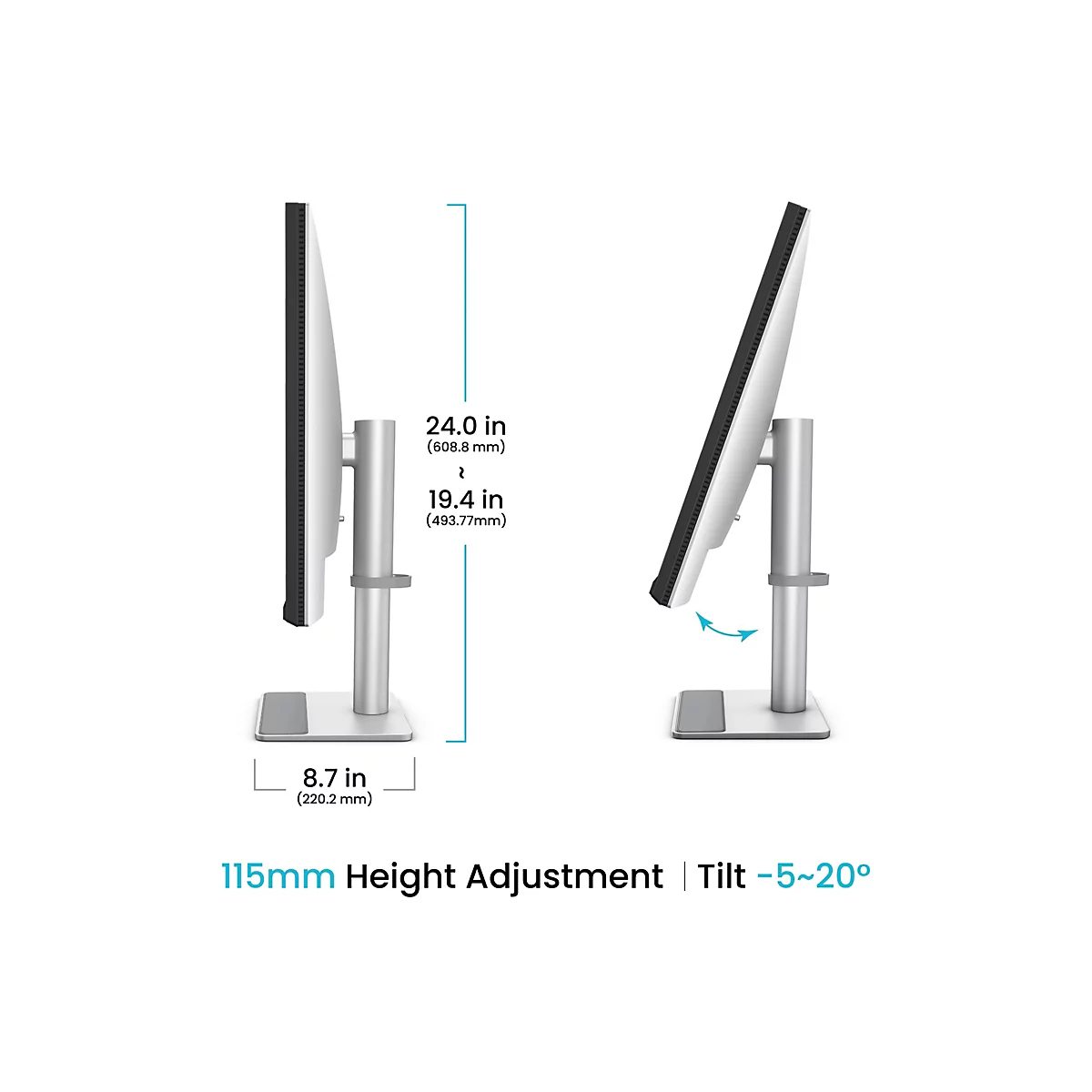 Der Monitor ist von der Seite und leicht schräg abgebildet, mit Maßangaben für Höhe und Breite. Angaben zu Neigungswinkel und Höhenverstellung.