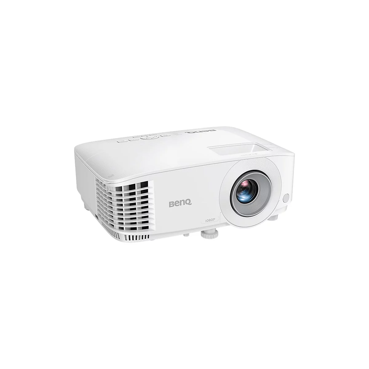 Projecteur blanc avec le logo "BenQ" et l'inscription "1080P". Mise au point sur l'objectif.