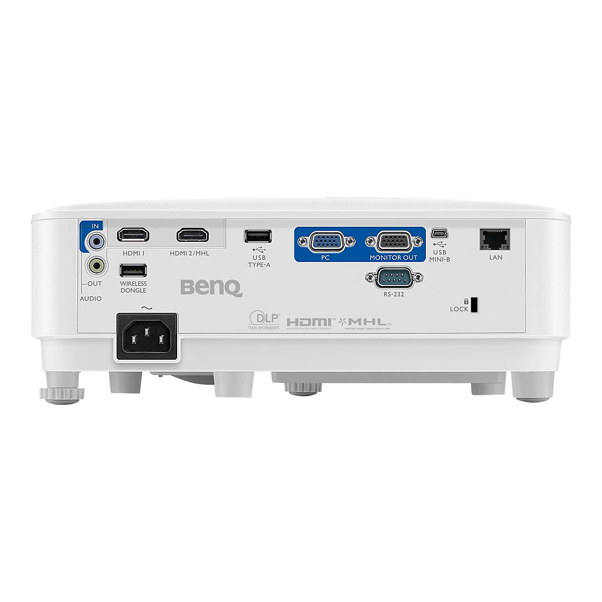 Gros plan de l'arrière d'un projecteur blanc avec divers ports, dont HDMI, USB et LAN. Le logo BenQ est clairement visible.