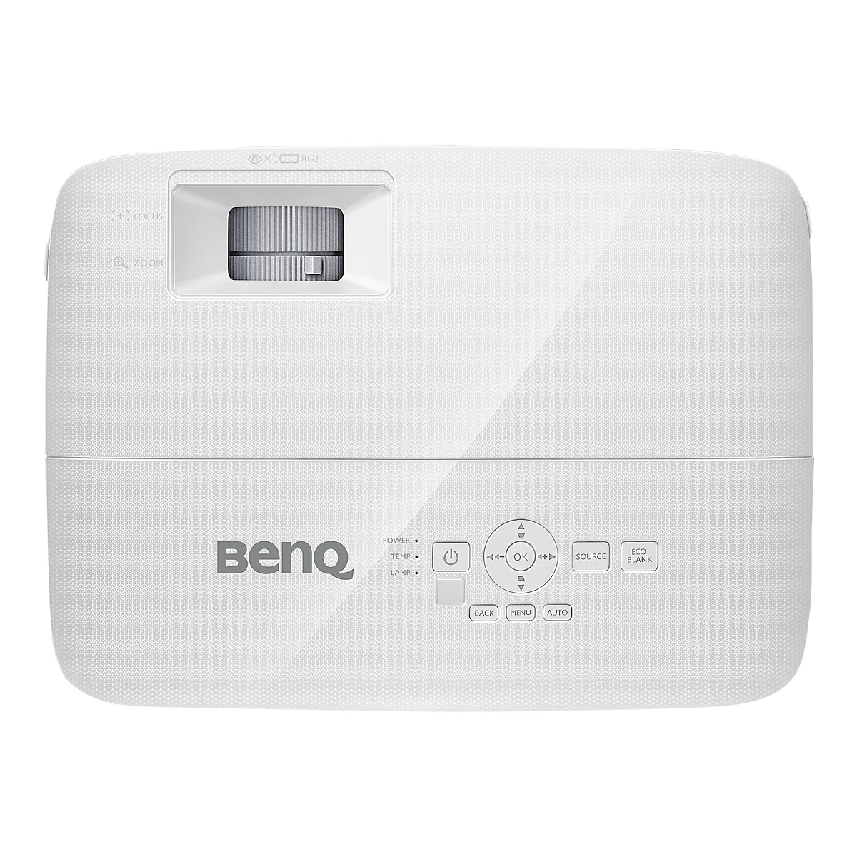 Un projecteur BenQ blanc avec des commandes et des lentilles situées sur le dessus.