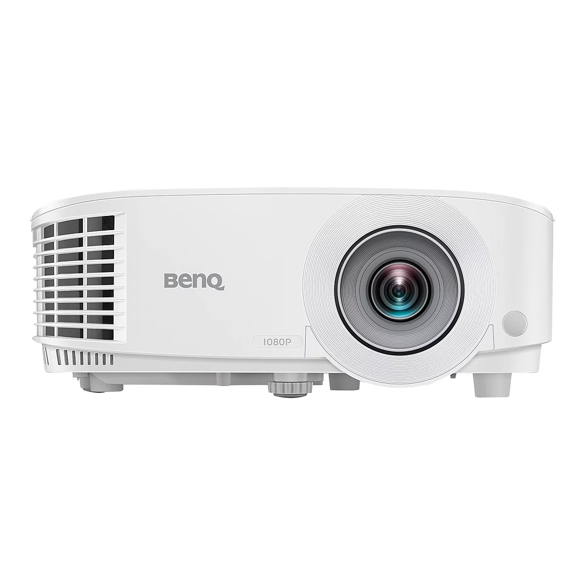 Projecteur blanc, vue de face. Logo BenQ et lettrage 1080P. Grande lentille au centre, grille de ventilation à gauche.