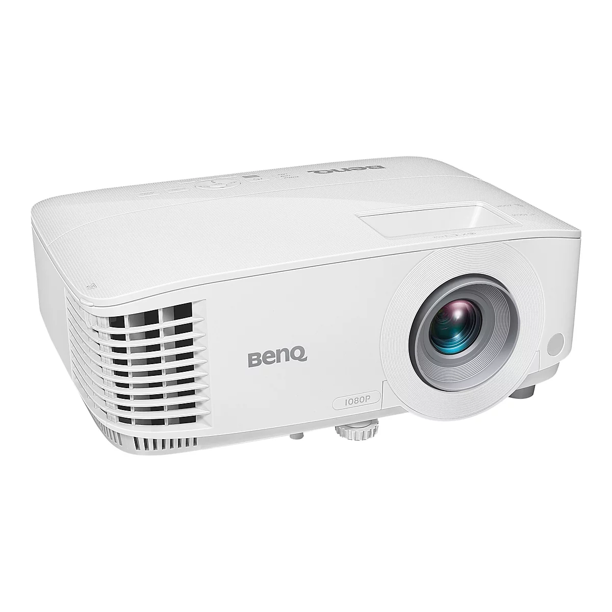 Un projecteur BenQ blanc, vu de côté. Sur le devant se trouve l'objectif et l'inscription "1080P".