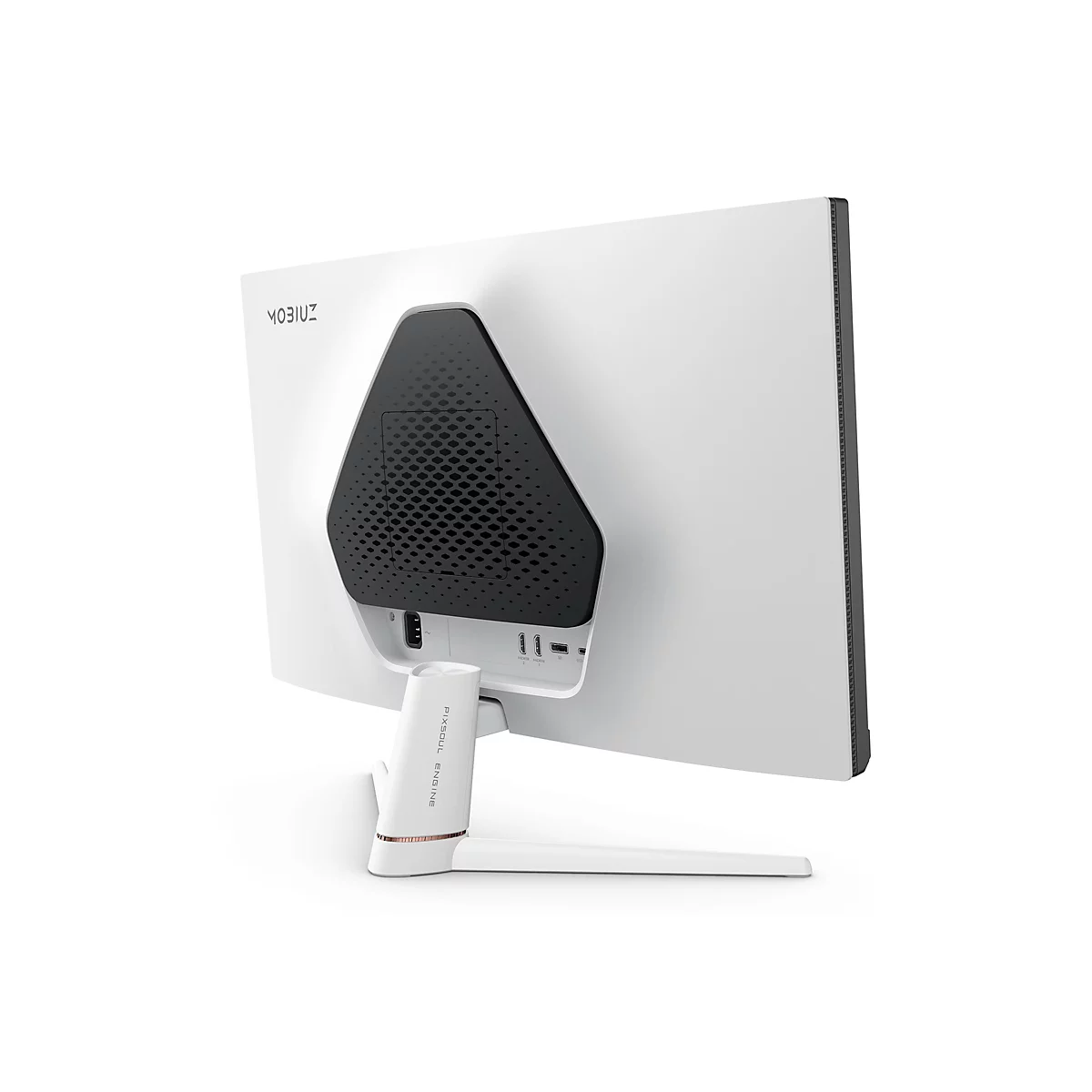 Le moniteur MOBIUS blanc est présenté de dos. Support noir avec diverses connexions. Le moniteur repose sur un pied blanc.