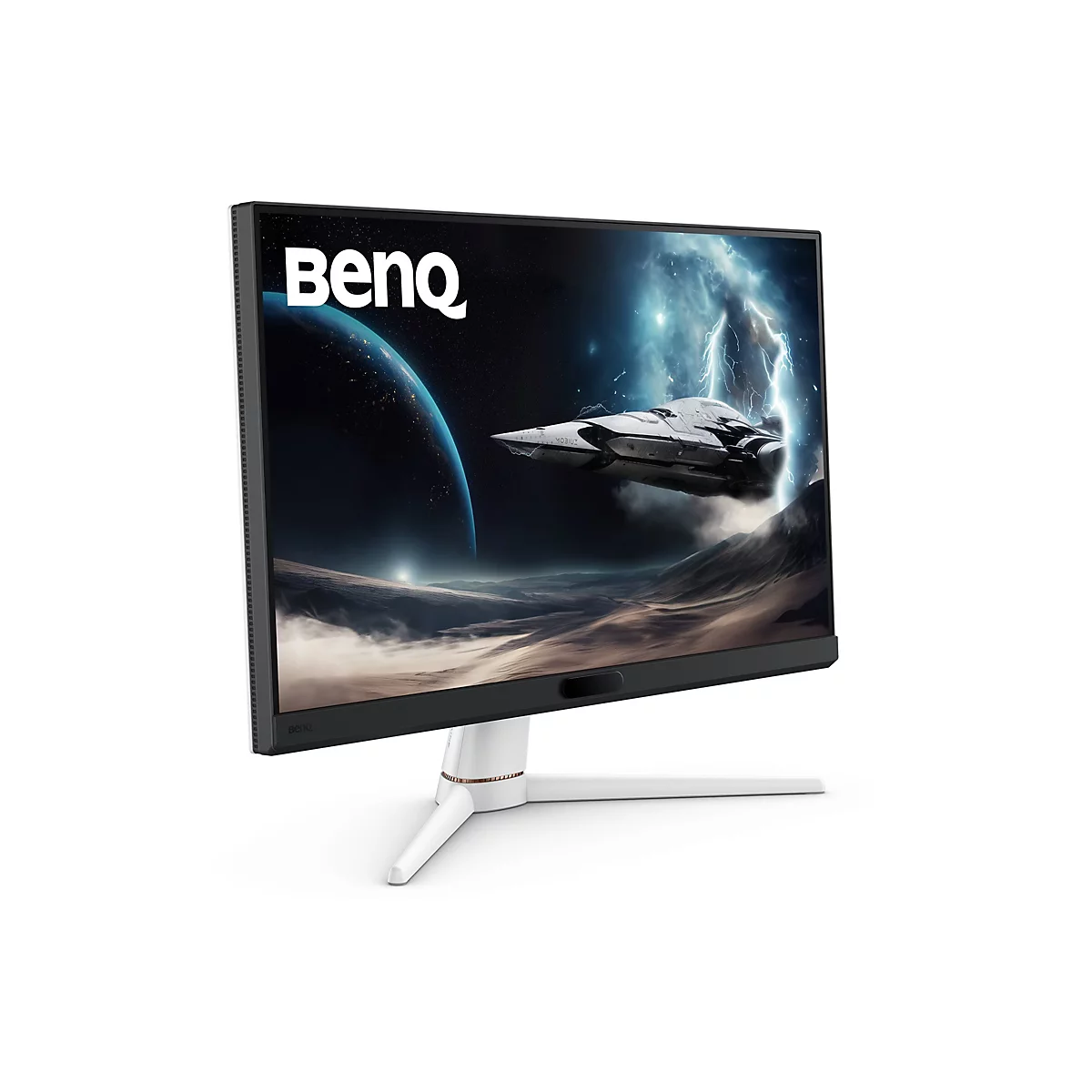 Un écran de jeu BenQ affichant une scène spatiale avec un vaisseau spatial pris dans un orage.