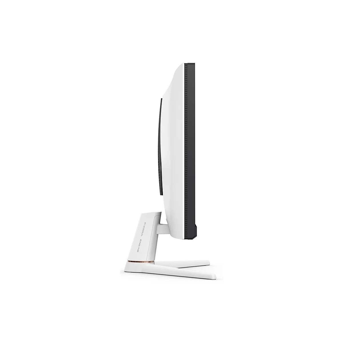 Vue latérale d'un moniteur blanc avec un cadre d'écran noir. Le support et le boîtier sont également blancs. Le support indique "PIXSOUL ENGINE".