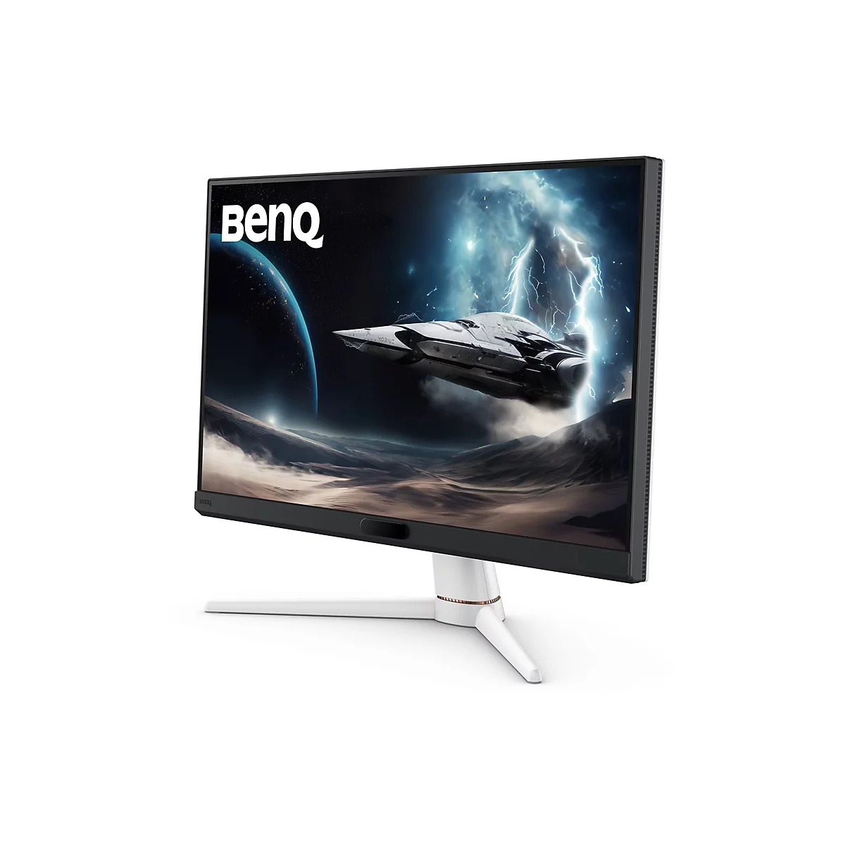 Ein Monitor mit dem BenQ-Logo und einem futuristischen Weltraum-Hintergrund, der auf einem weißen Ständer steht.