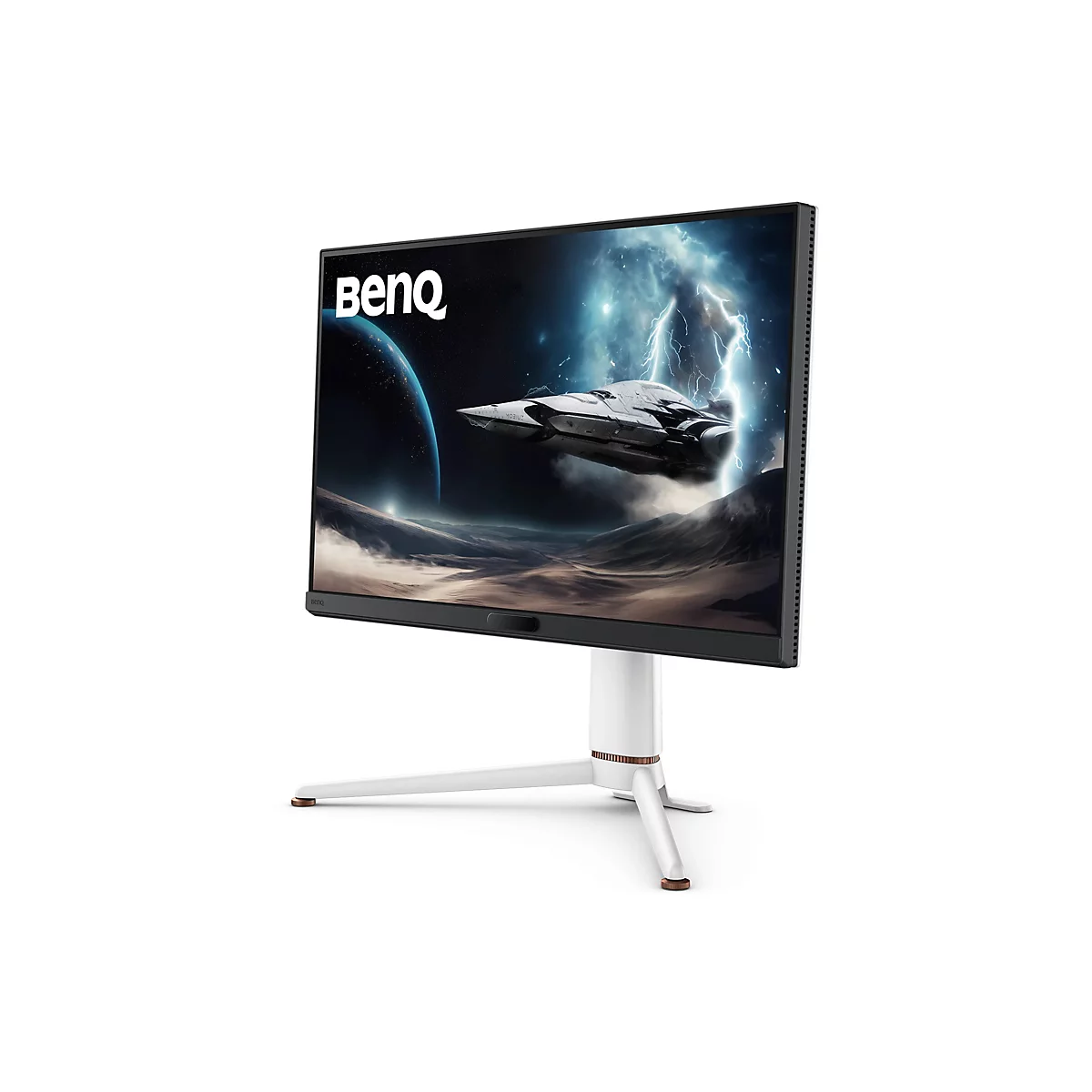 L'écran de jeu est blanc et noir, avec une image de fond futuriste. Le logo BenQ est en haut à gauche.