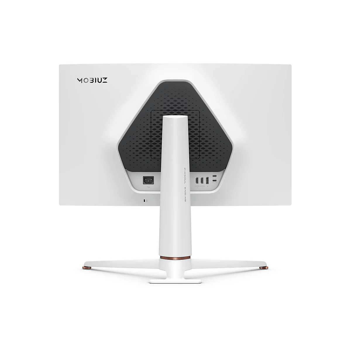 Vue arrière d'un moniteur blanc avec le logo MOBIUZ, en dessous surface noire perforée. En dessous connexions, HDMI et alimentation.