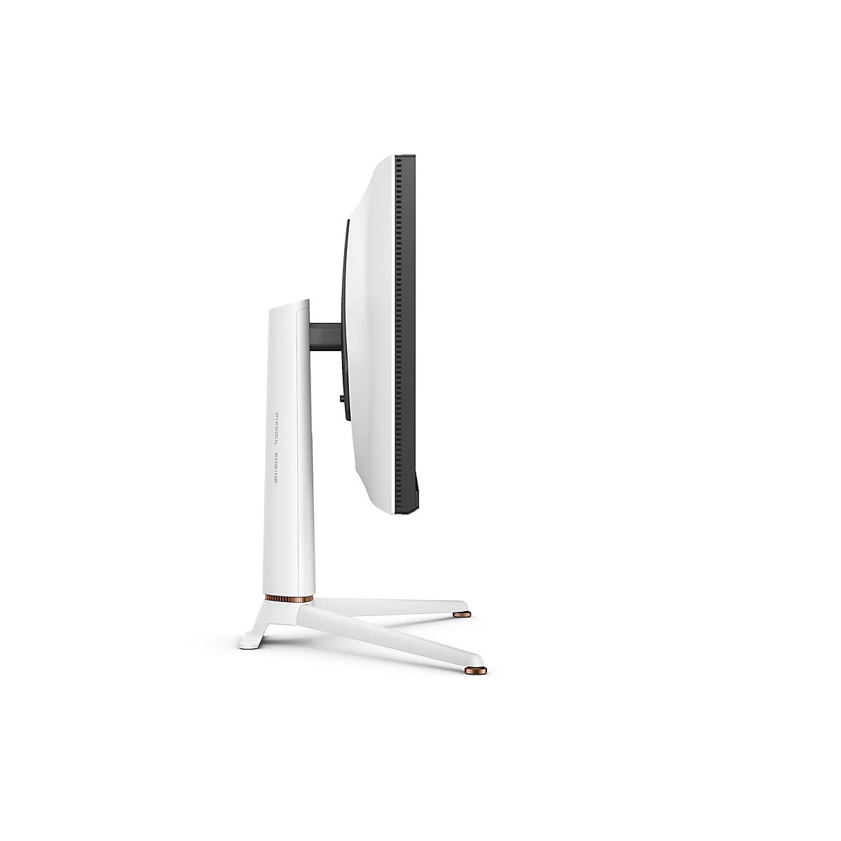 Seitenansicht eines weißen Monitors. Der Monitor ist auf einem weißen Ständer montiert, mit kupferfarbenen Akzenten an den Füßen.