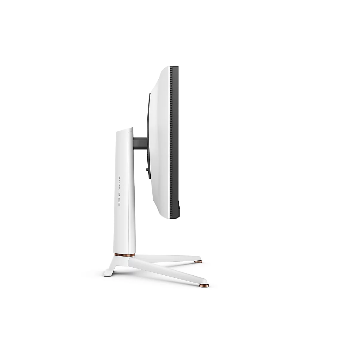 Vue latérale d'un écran de jeu blanc avec un cadre noir. L'écran est sur un support blanc avec des accents bronze. "PIXSOUL ENGINE" est écrit sur le support.