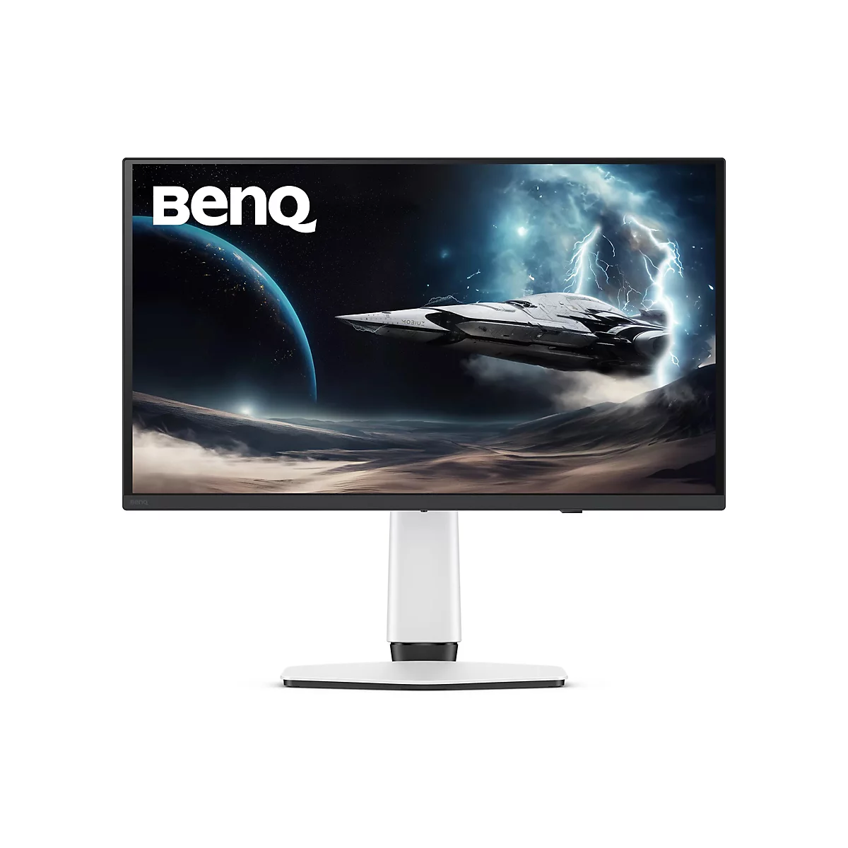 Un moniteur BenQ avec le logo BenQ affiche un thème spatial avec des vaisseaux spatiaux et des éclairs.