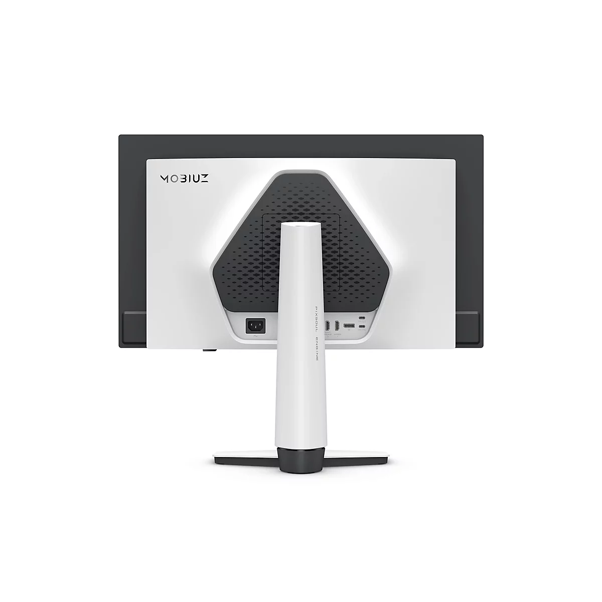 Arrière d'un moniteur blanc avec le logo MOBIUZ, des éléments noirs et un support. Les ports sont visibles. "pixsoul engine" est écrit sur le support.