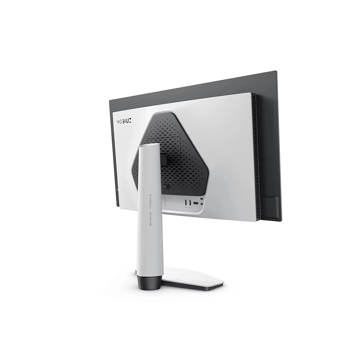 Ein weißer Monitor von hinten, der auf einem weißen Ständer steht, mit schwarzen Akzenten und dem Mobius-Logo.