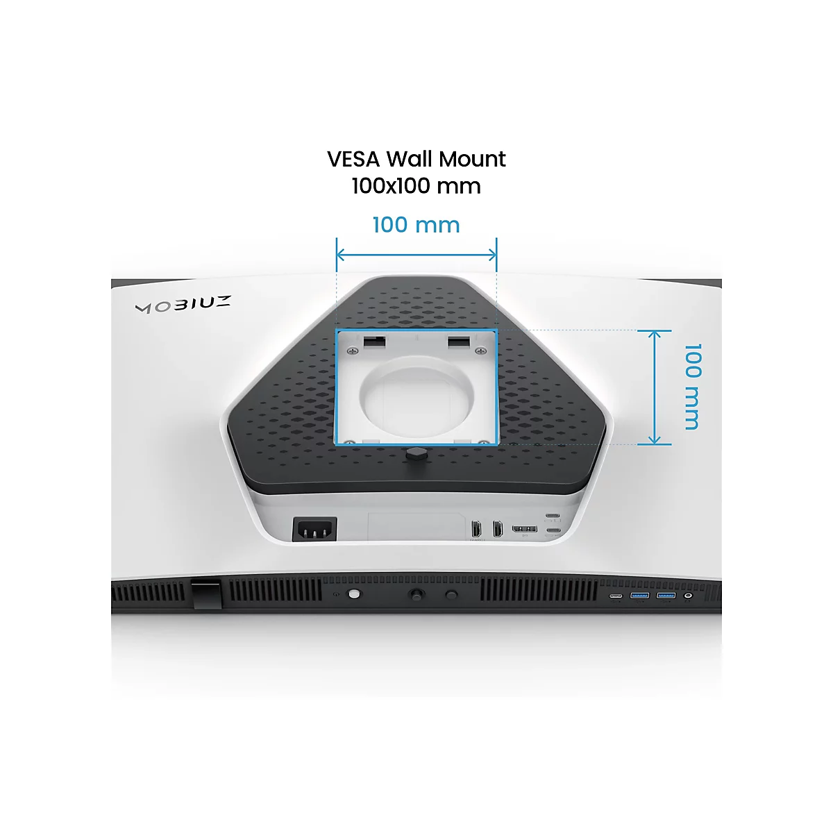 Nahaufnahme eines weißen Monitors mit VESA-Wandhalterung. Der Monitor hat schwarze und graue Akzente, blaue Pfeile zeigen die Abmessungen an.