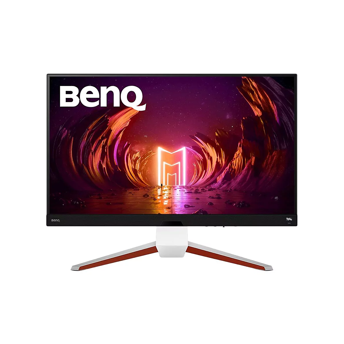 BenQ Gaming-Monitor mit dünnem Rahmen, weißem Standfuß und farbenfrohem, abstraktem Weltraum-Hintergrundbild.