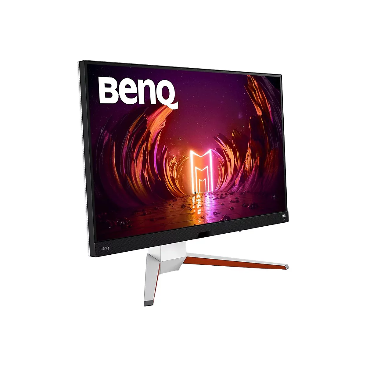 BenQ Gaming-Monitor mit futuristischem, leuchtendem Bildschirmhintergrund auf einem weiß-orangen Standfuß.