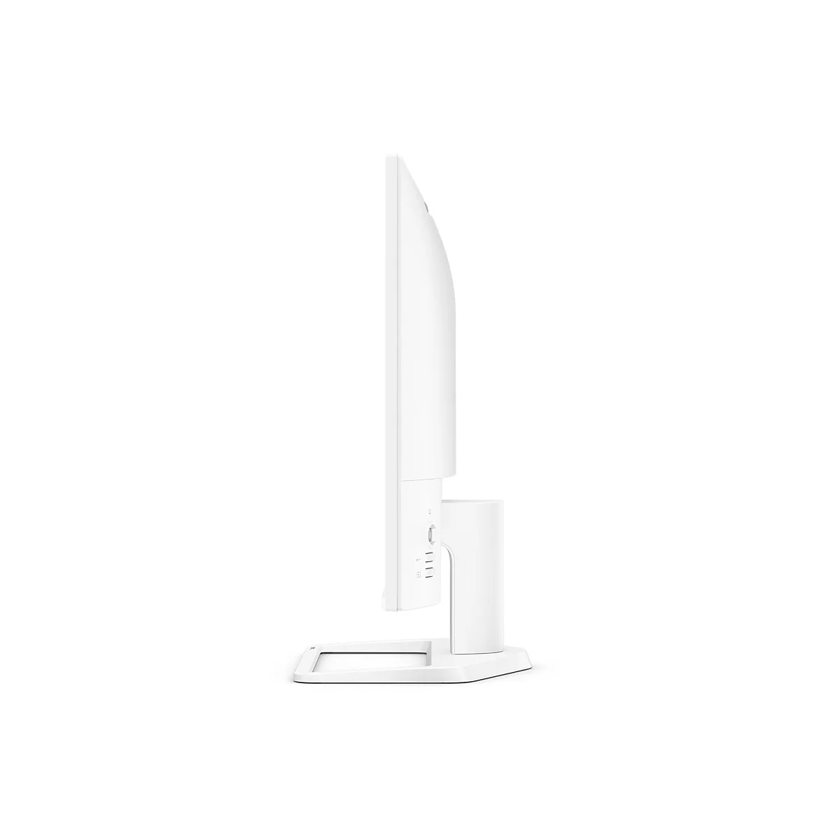Vue latérale d'un moniteur blanc. L'écran est fin, avec un cadre fin et un pied blanc.