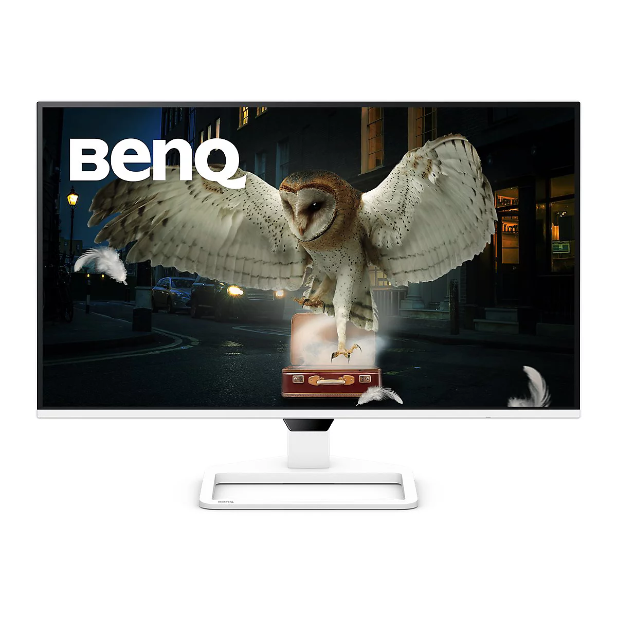Le moniteur BenQ affiche un hibou debout sur une valise dans un cadre urbain nocturne. Des plumes flottent au premier plan.
