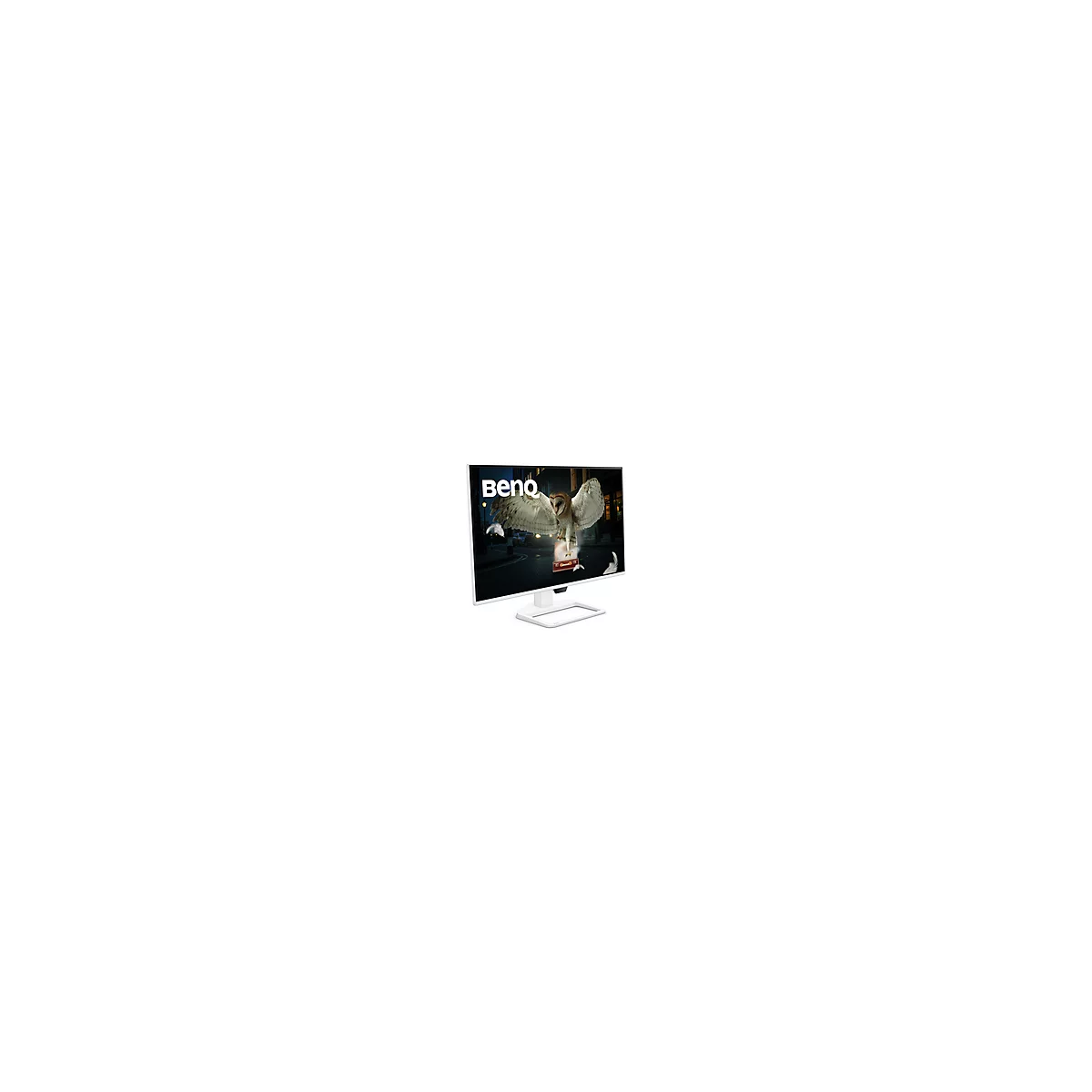 Moniteur BenQ blanc affichant une image d'un hibou sortant d'un livre. Une ruelle sombre en arrière-plan.