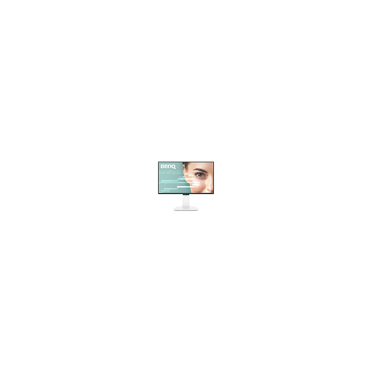Un moniteur BenQ blanc affichant une image de l'œil d'une femme et des diagrammes.