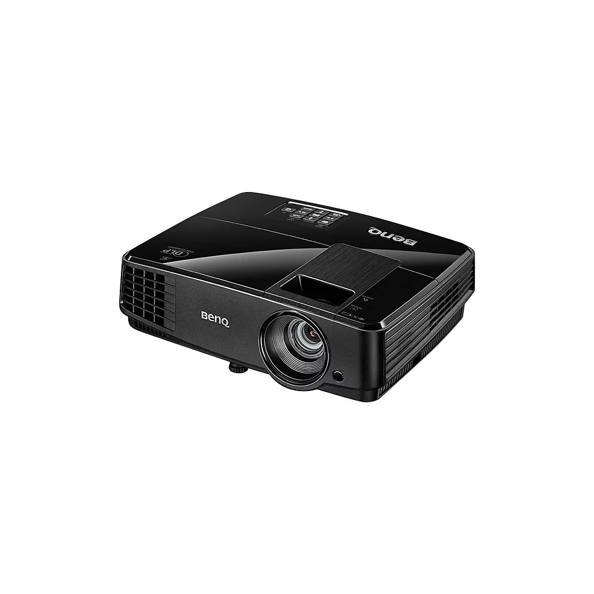 Schwarzer BenQ Projektor, Objektiv im Fokus, Schriftzug 'BenQ'.