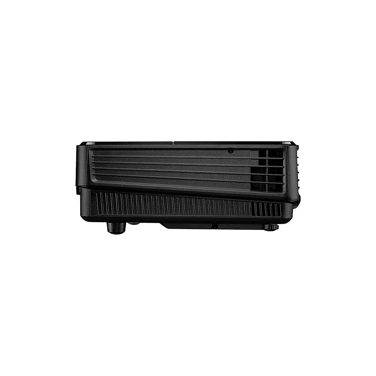 Schwarzer Projektor, Seitenansicht. Geriffelte Oberfläche, Lüftungsschlitze und Füße.