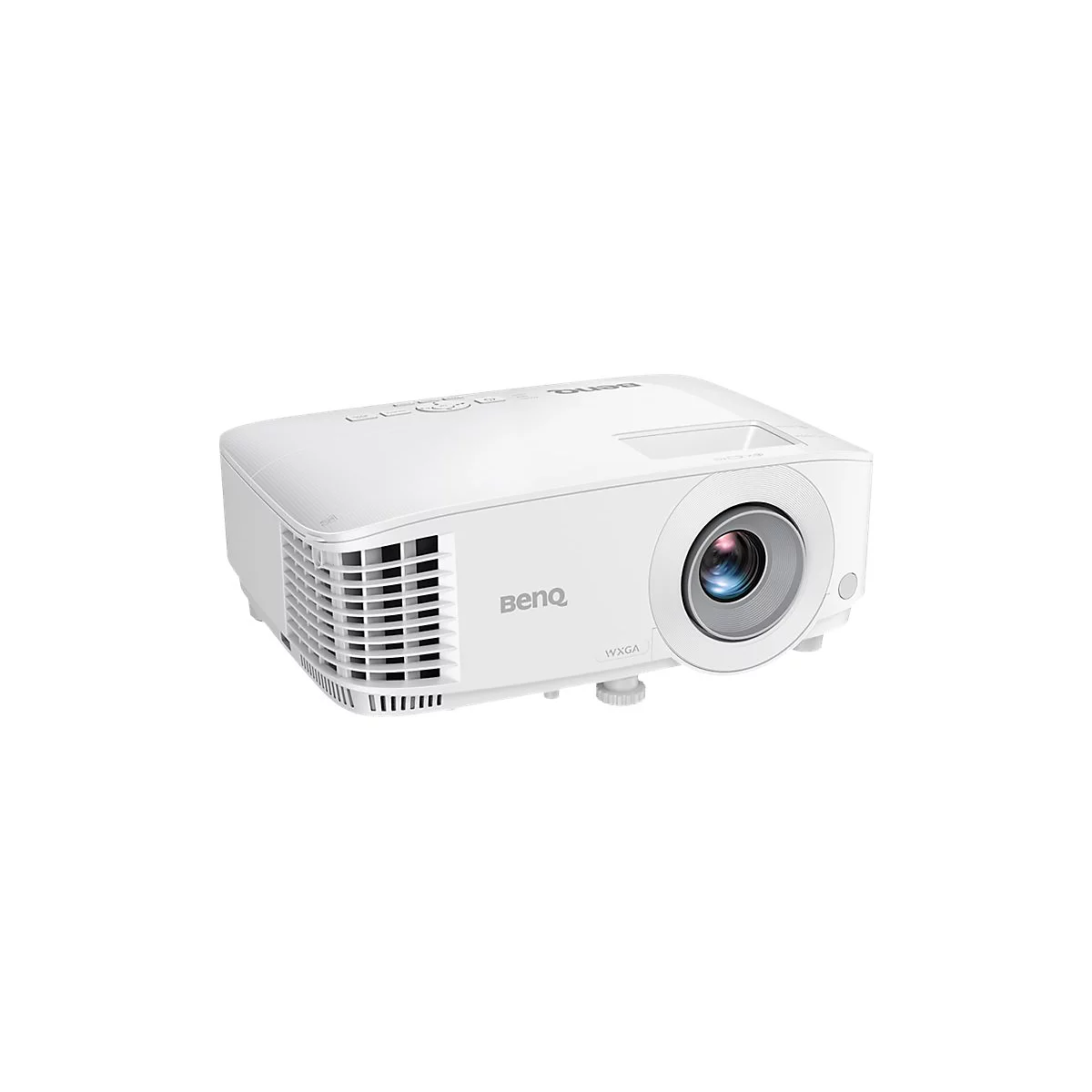 Weißer BenQ-Projektor in Frontalansicht auf weißem Hintergrund.