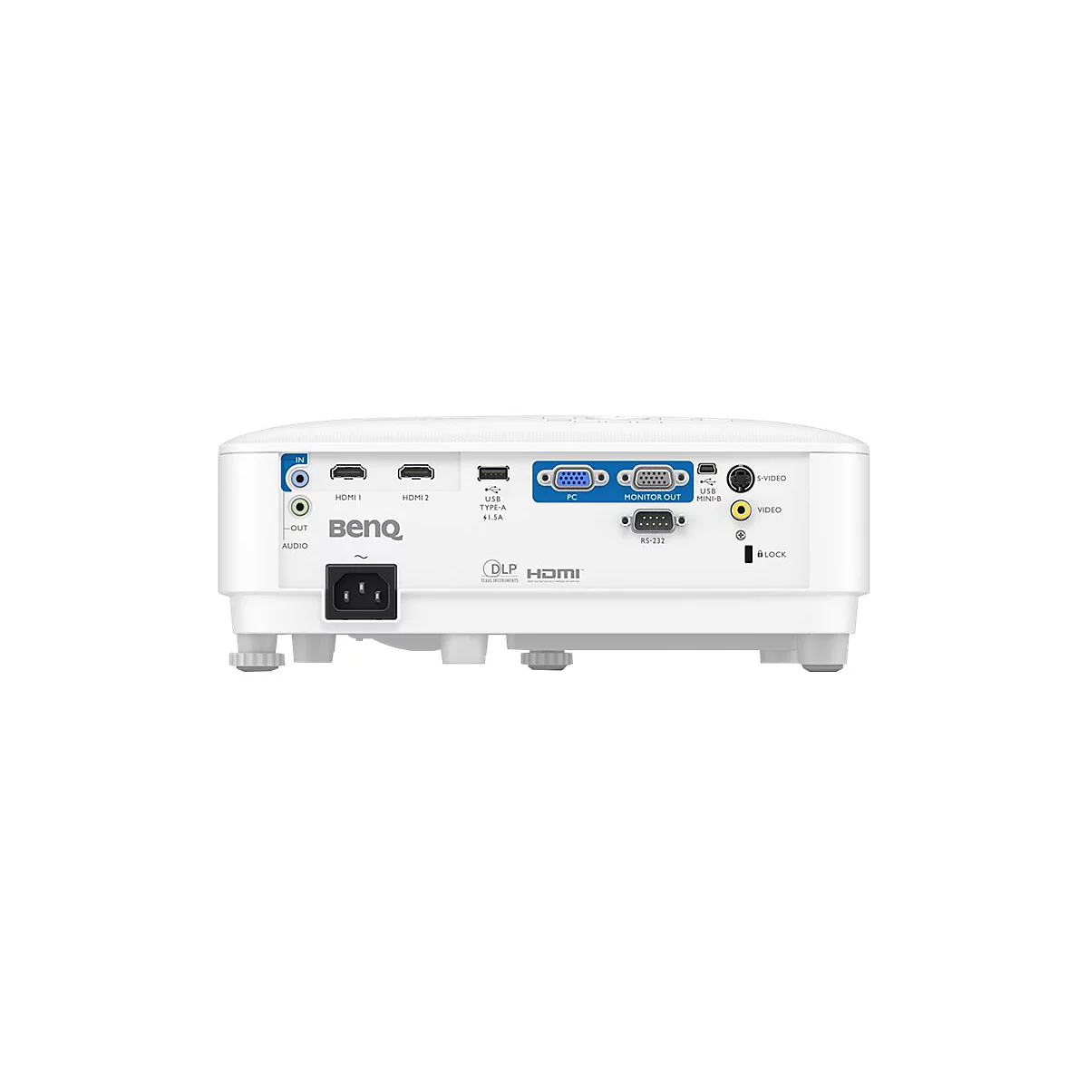 Rückseite eines weißen BenQ Projektors mit diversen Anschlüssen wie HDMI, USB und Audio.