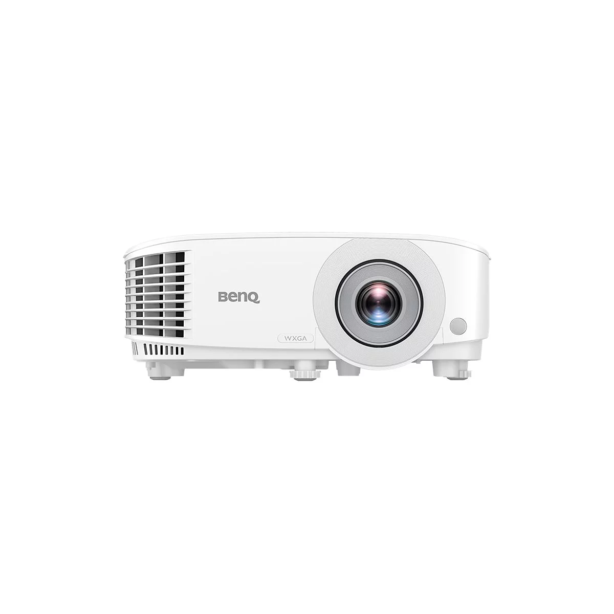 Weißer BenQ-Projektor mit Lüftungsschlitzen links und großem Objektiv rechts auf weißem Hintergrund.