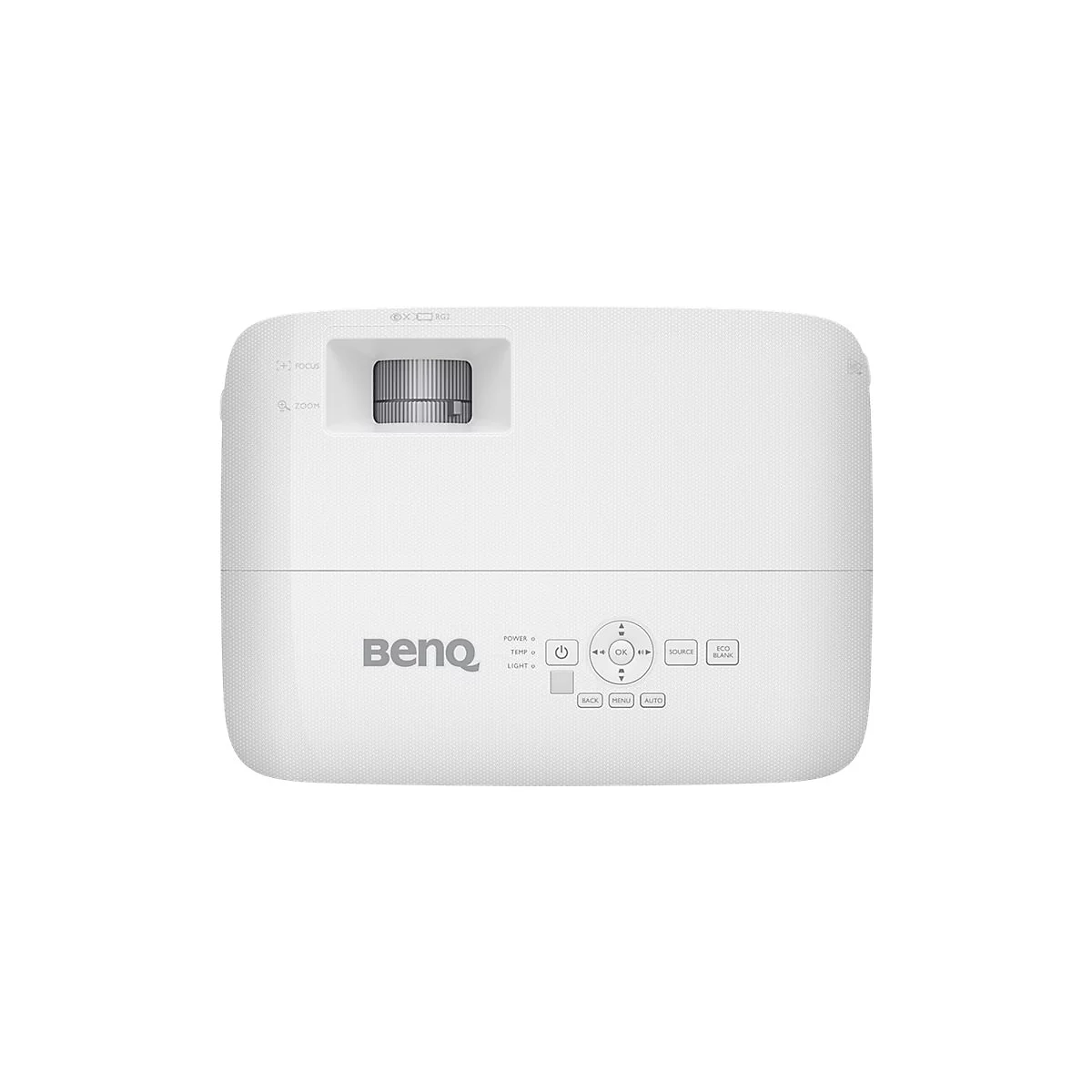 Ein weißer BenQ-Projektor, Draufsicht. Auf der Oberseite befinden sich ein Objektiv, Bedientasten und das BenQ-Logo.