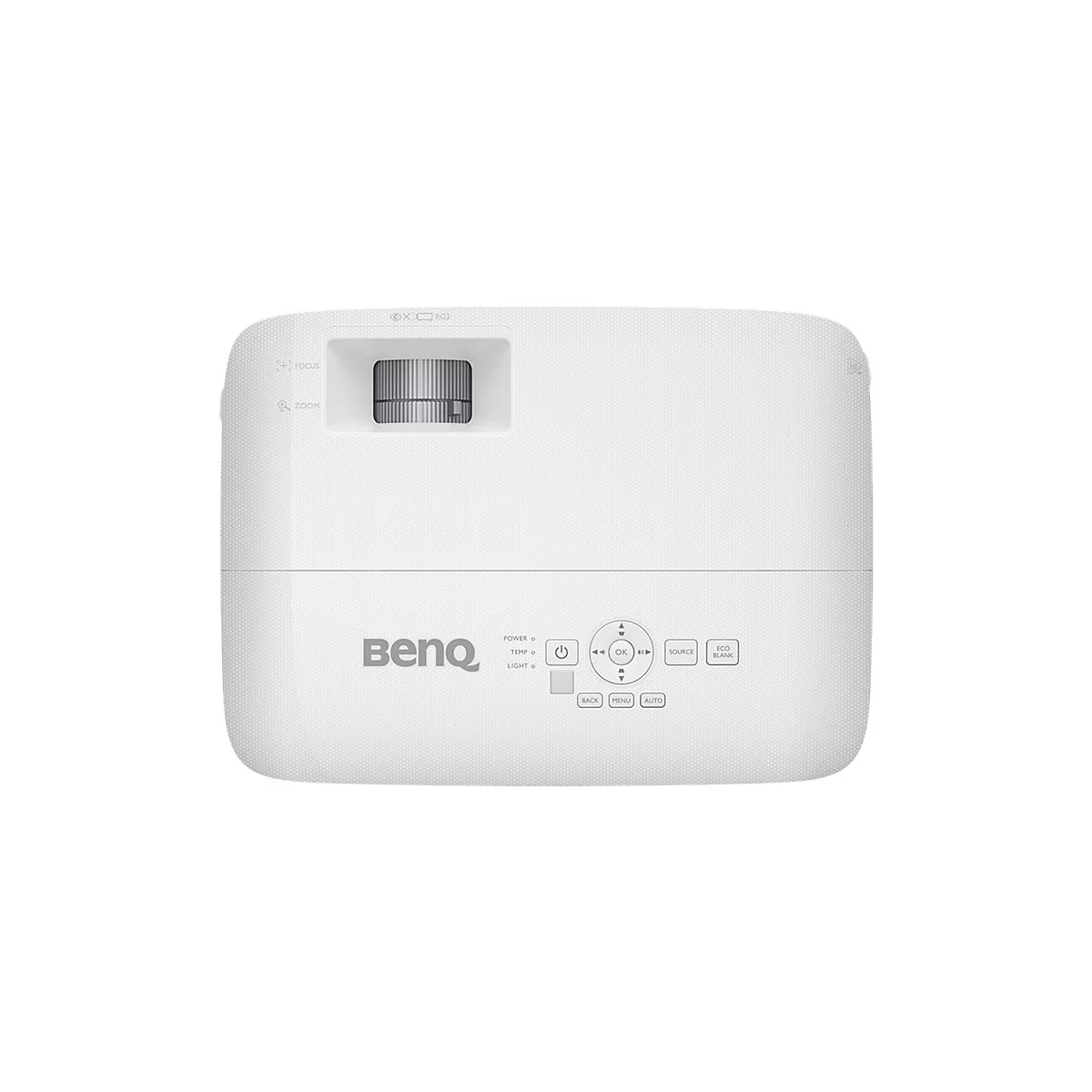 Draufsicht eines weißen BenQ-Projektors mit Tastenfeld, Linse und Statusleuchten.