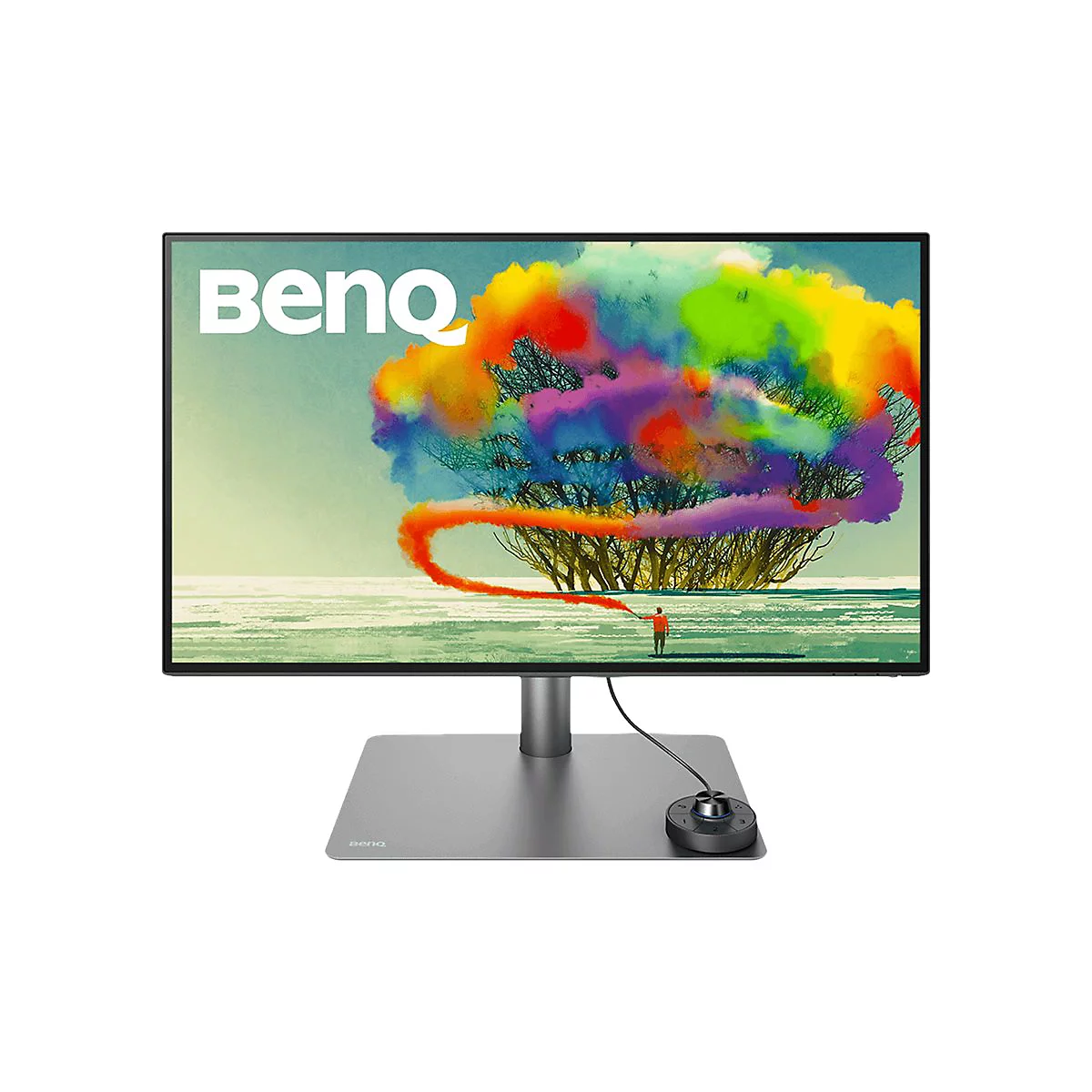 Moniteur avec le logo BenQ et une œuvre d'art colorée sur l'écran. Cadre noir, pied argenté.
