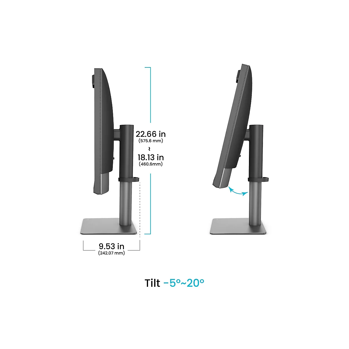 Seitenansicht eines Monitors mit verstellbarem Standfuß. Abmessungen und Neigungswinkel sind abgebildet.