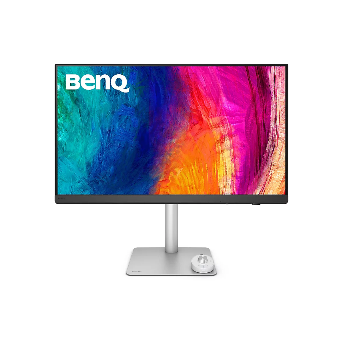 Monitor mit farbenfrohem Bildschirm, silbernem Ständer und rundem Bedienrad.