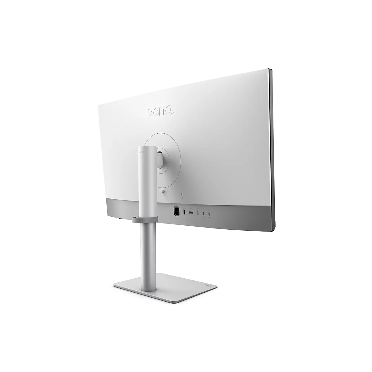 Ein weißer Monitor mit der Aufschrift „BenQ“ auf der Rückseite. Er steht auf einem silberfarbenen Ständer. Die Rückseite zeigt Anschlüsse.