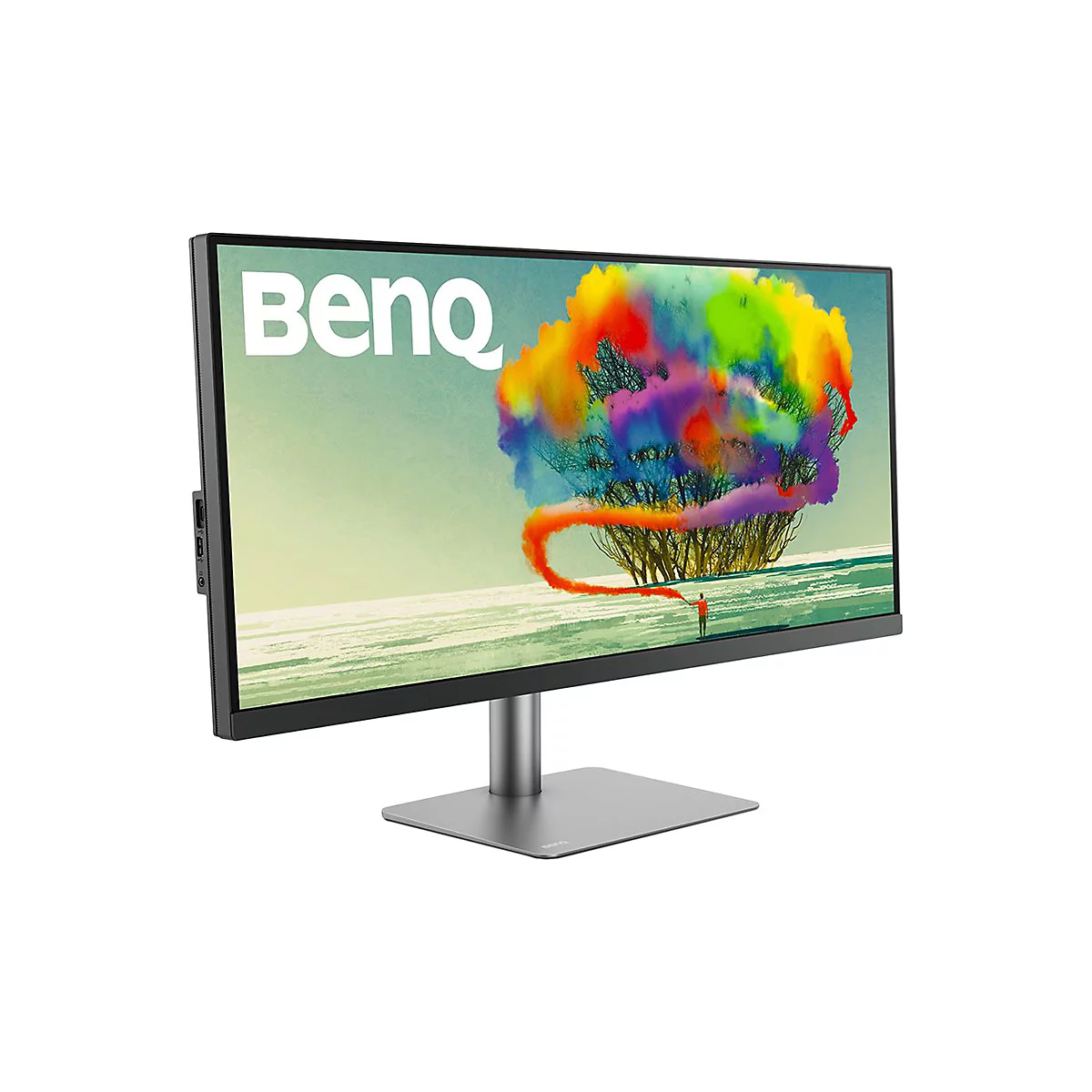 Moniteur avec le logo BenQ et une œuvre d'art colorée à l'écran.