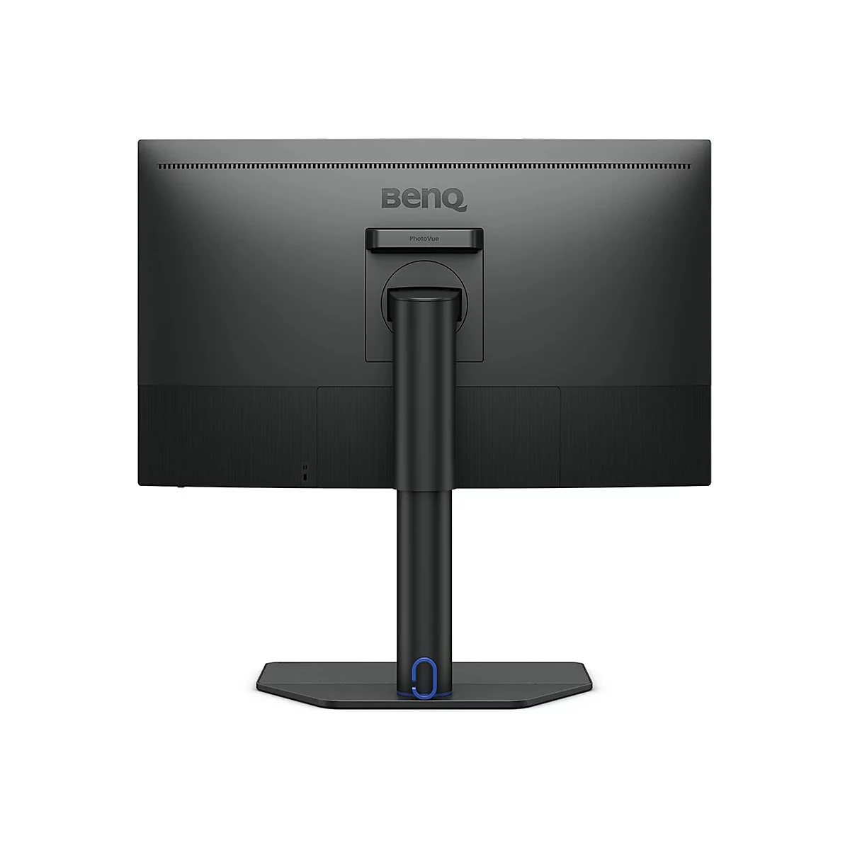 Rückseite eines schwarzen BenQ PhotoVue Monitors mit Standfuß vor weißem Hintergrund.