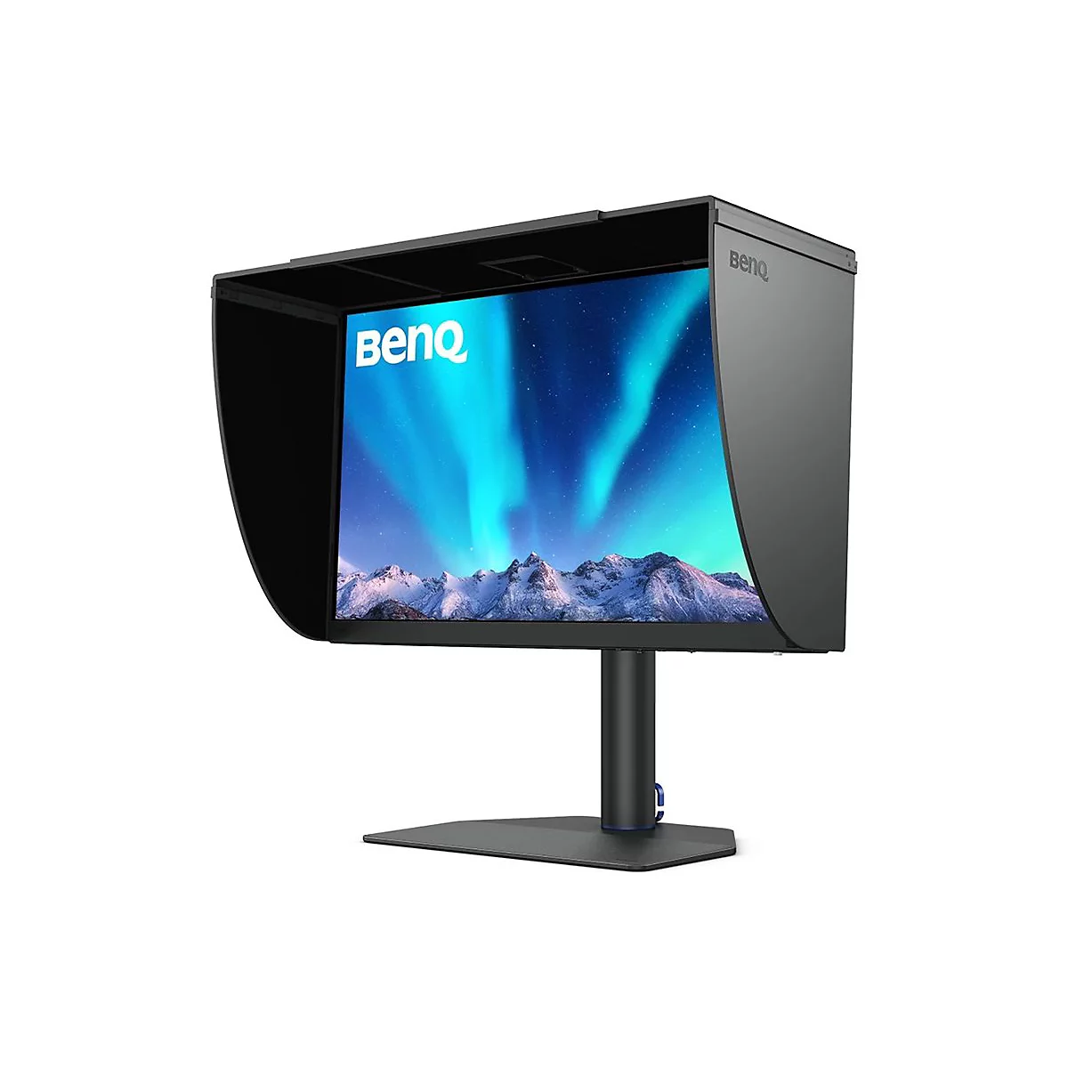Ein schwarzer Monitor mit Sonnenblende. Auf dem Bildschirm ist ein Landschaftsbild zu sehen. Der Monitor hat den Schriftzug 'BenQ'.