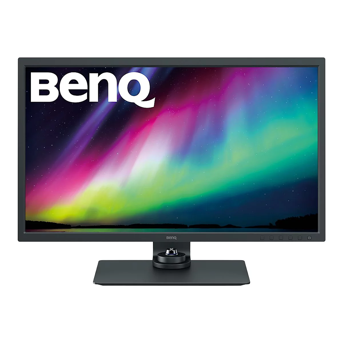 Schwarzer BenQ-Monitor mit farbenfrohem Display, die Marke ist groß abgebildet. Schwarzer Standfuß.