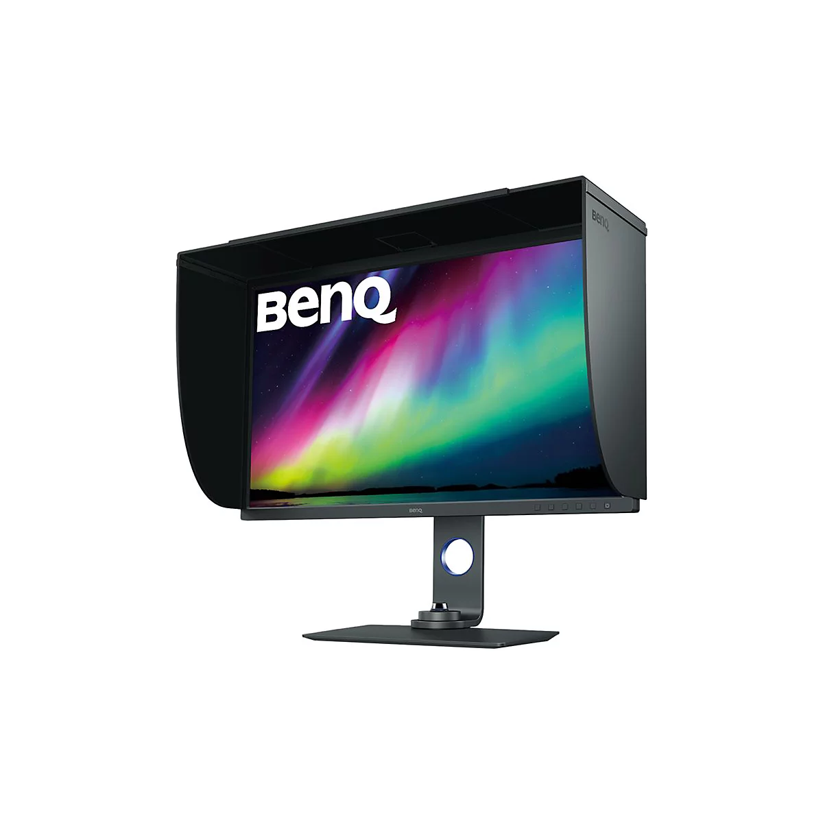 Monitor mit BenQ-Logo und Sonnenblende. Anzeige eines farbenfrohen Bildes. Schwarzer StÃ¤nder und Halterung.
