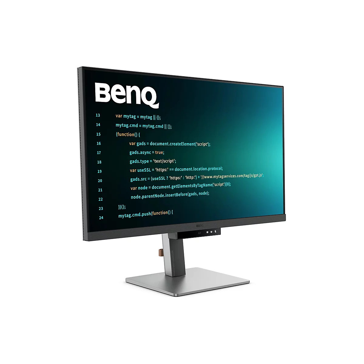 Un moniteur BenQ affiche un écran vert avec du code Javascript. Le moniteur est placé sur un fond blanc.