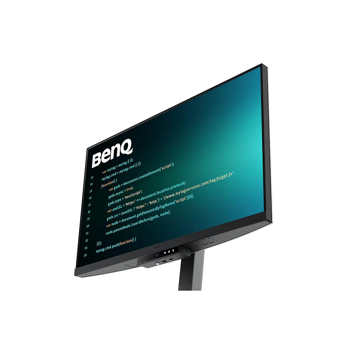 Ein BenQ Monitor mit dem Firmenlogo auf dem Bildschirm, der Code anzeigt, und einer dunklen Fassung. Der Monitor steht leicht schräg auf einem weißen Hintergrund.