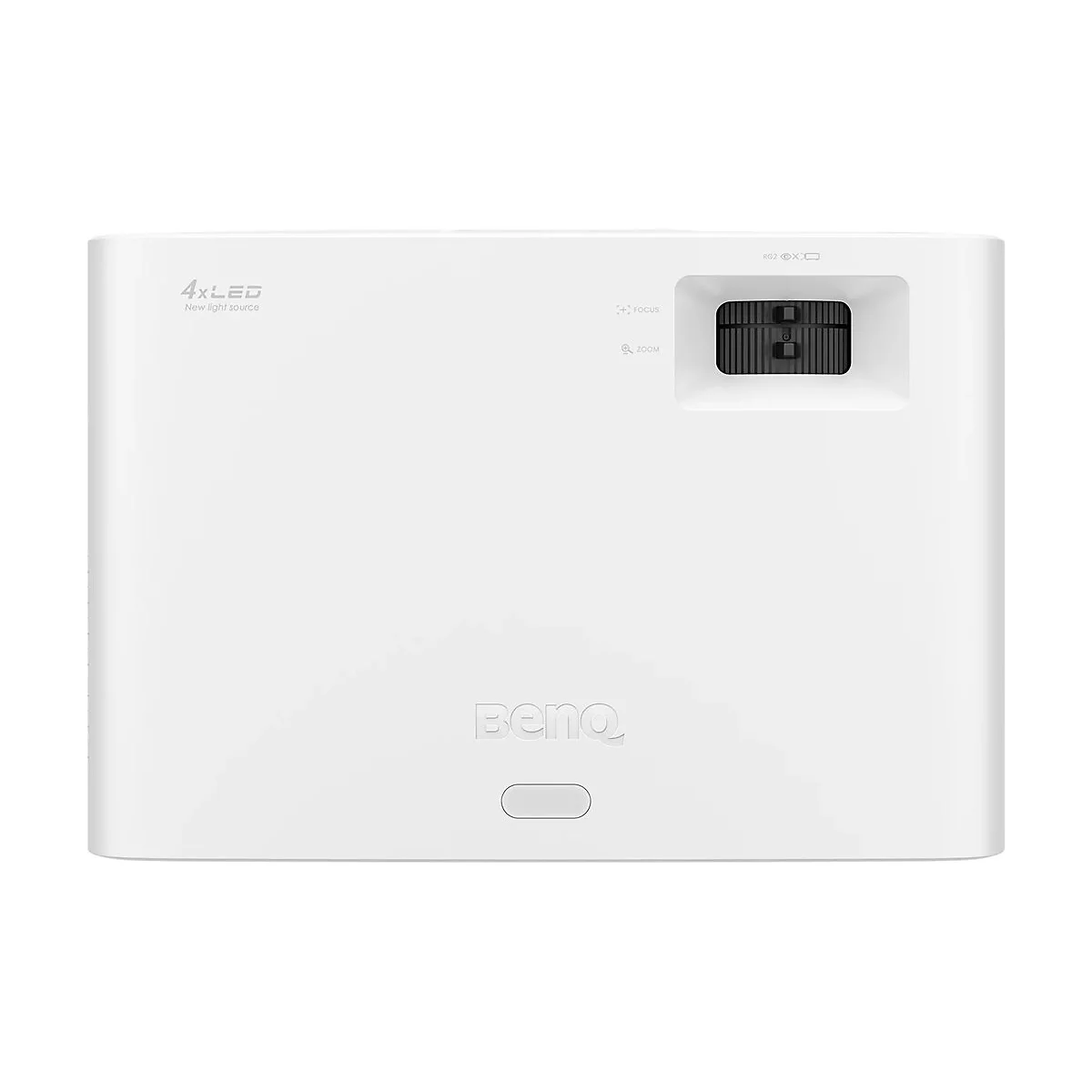 Projecteur blanc avec logo "4xLED" et "BenQ". Fonctions zoom et focus marquées.
