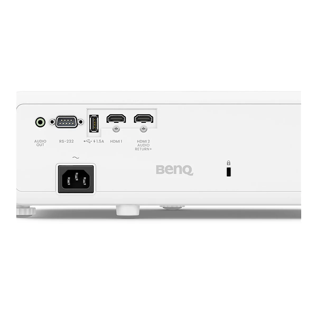 Gros plan de l'arrière d'un projecteur blanc avec des ports, dont audio, HDMI et alimentation. Le logo BenQ est visible.