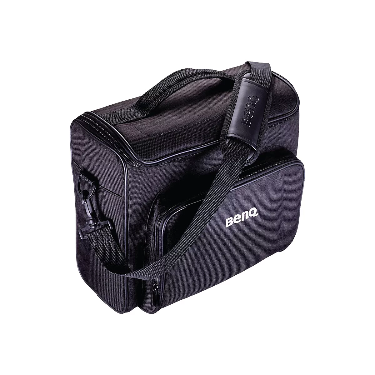 Schwarze Tragetasche mit Henkel, Schultergurt und BenQ-Logo. Auf weißem Hintergrund.