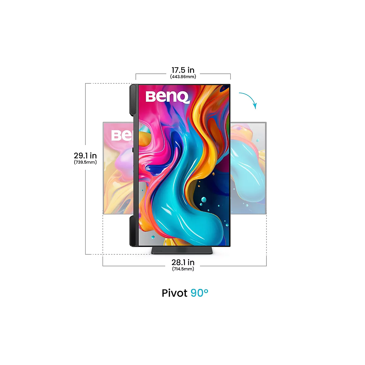 BenQ Monitor im Hochformat mit Maßangaben und Pivot-Funktion dargestellt.