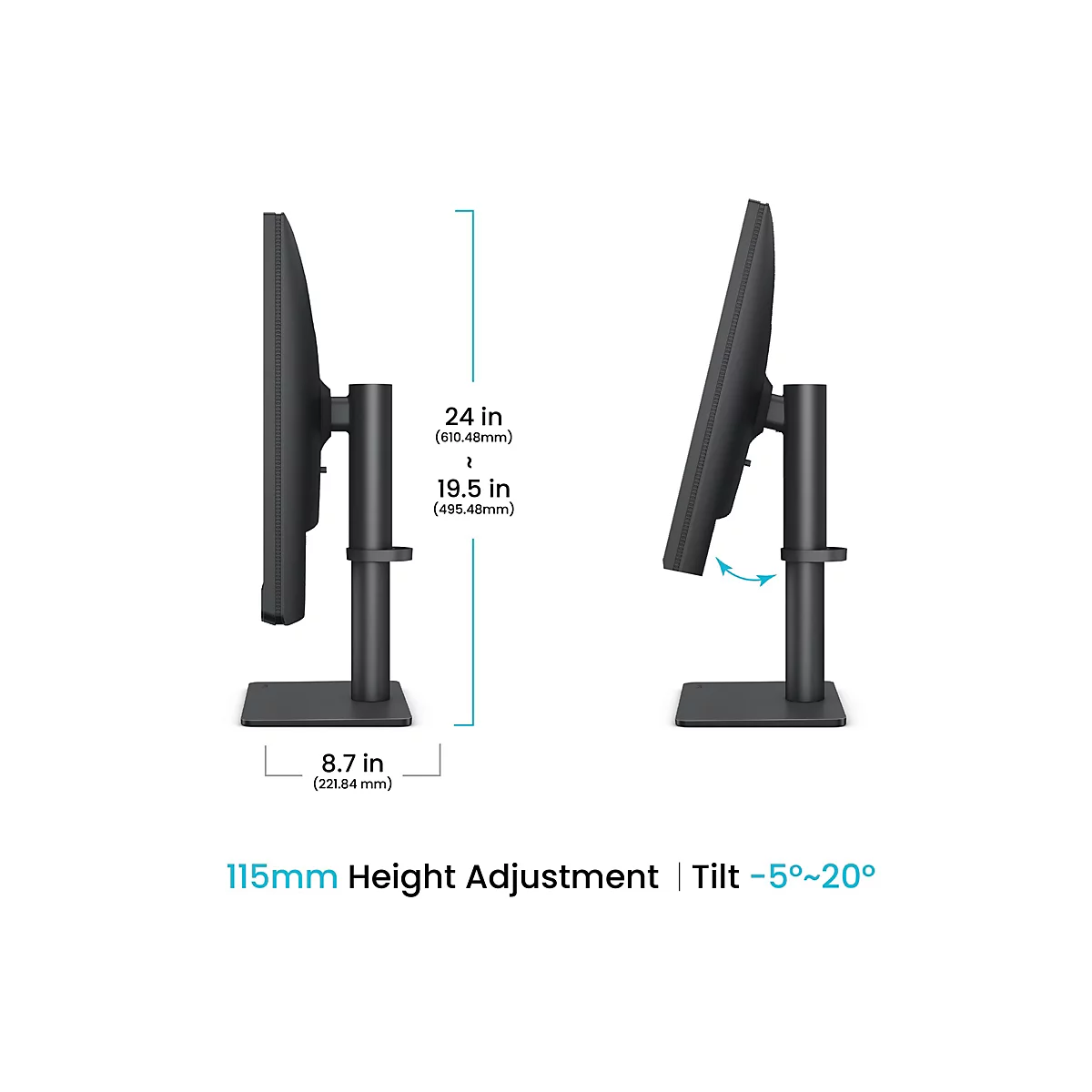 Seitenansicht eines Monitors mit Maßangaben zur Höhenverstellung von 115mm und Neigungswinkel von minus 5 bis 20 Grad.