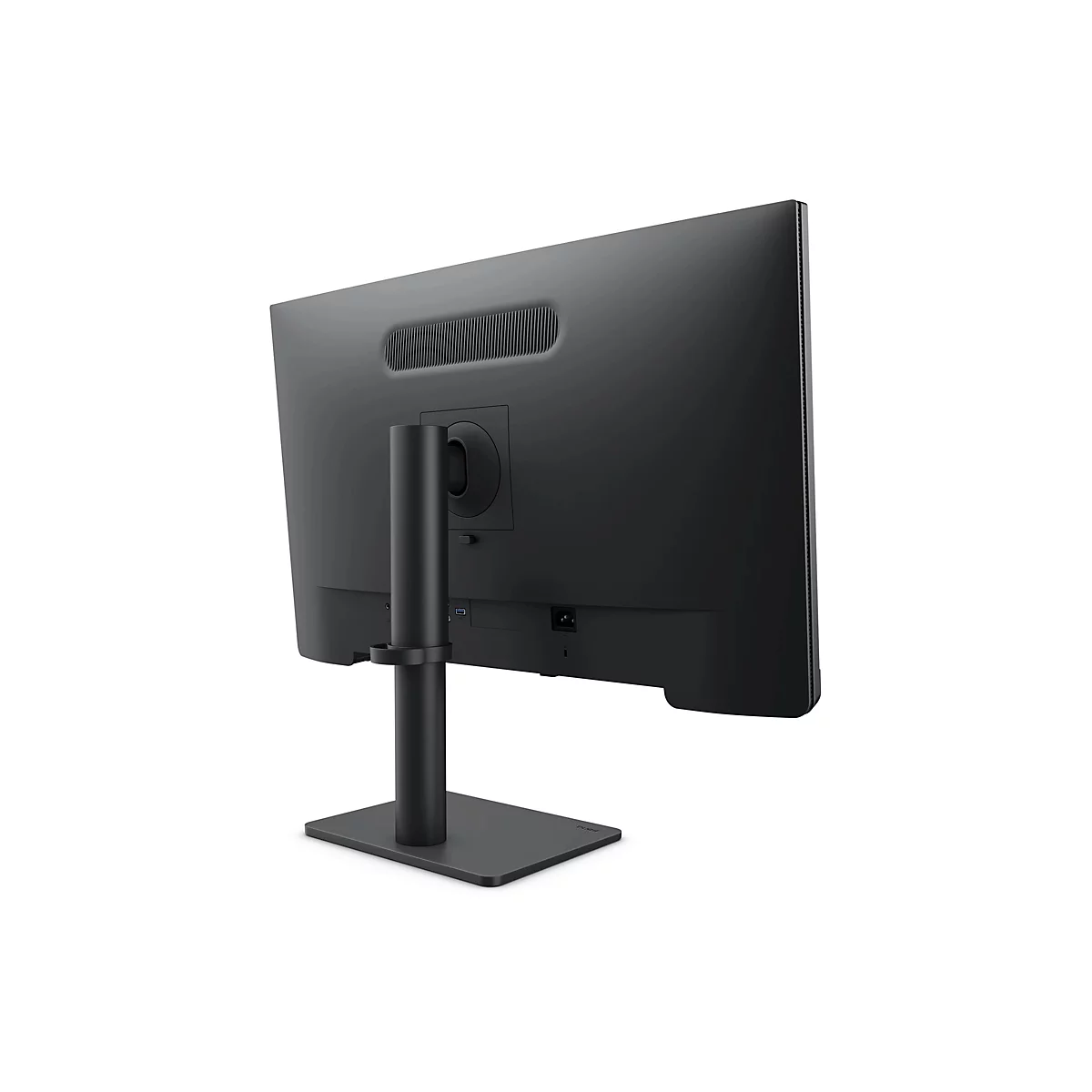 Rückansicht eines schwarzen Computermonitors mit Standfuß und sichtbaren Anschlüssen vor weißem Hintergrund.