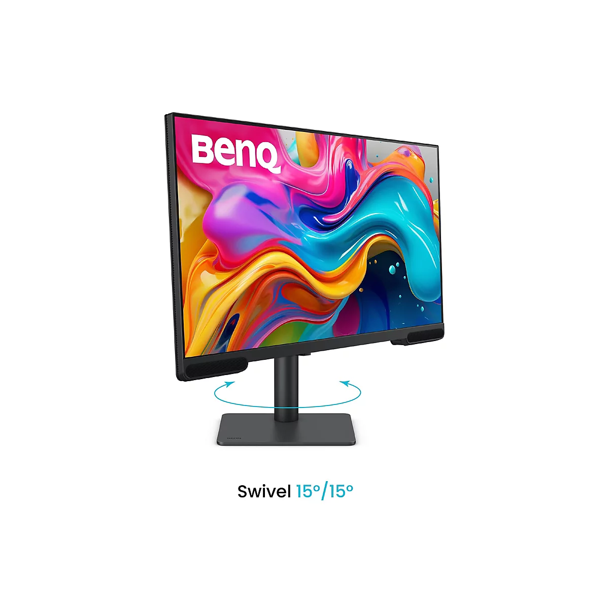 Ein schwarzer BenQ Monitor zeigt ein buntes abstraktes Bild, darunter ein blauer Pfeil der die 15-Grad-Schwenkfunktion visualisiert.